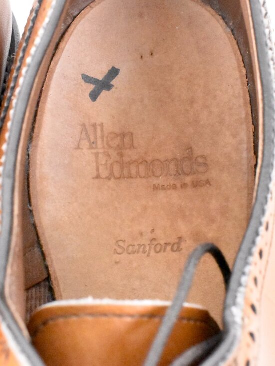 Allen Edmond\'s Sanford Two Tone Brogue Cap Toe Leather Derby Weave Inlay Sz 9.5